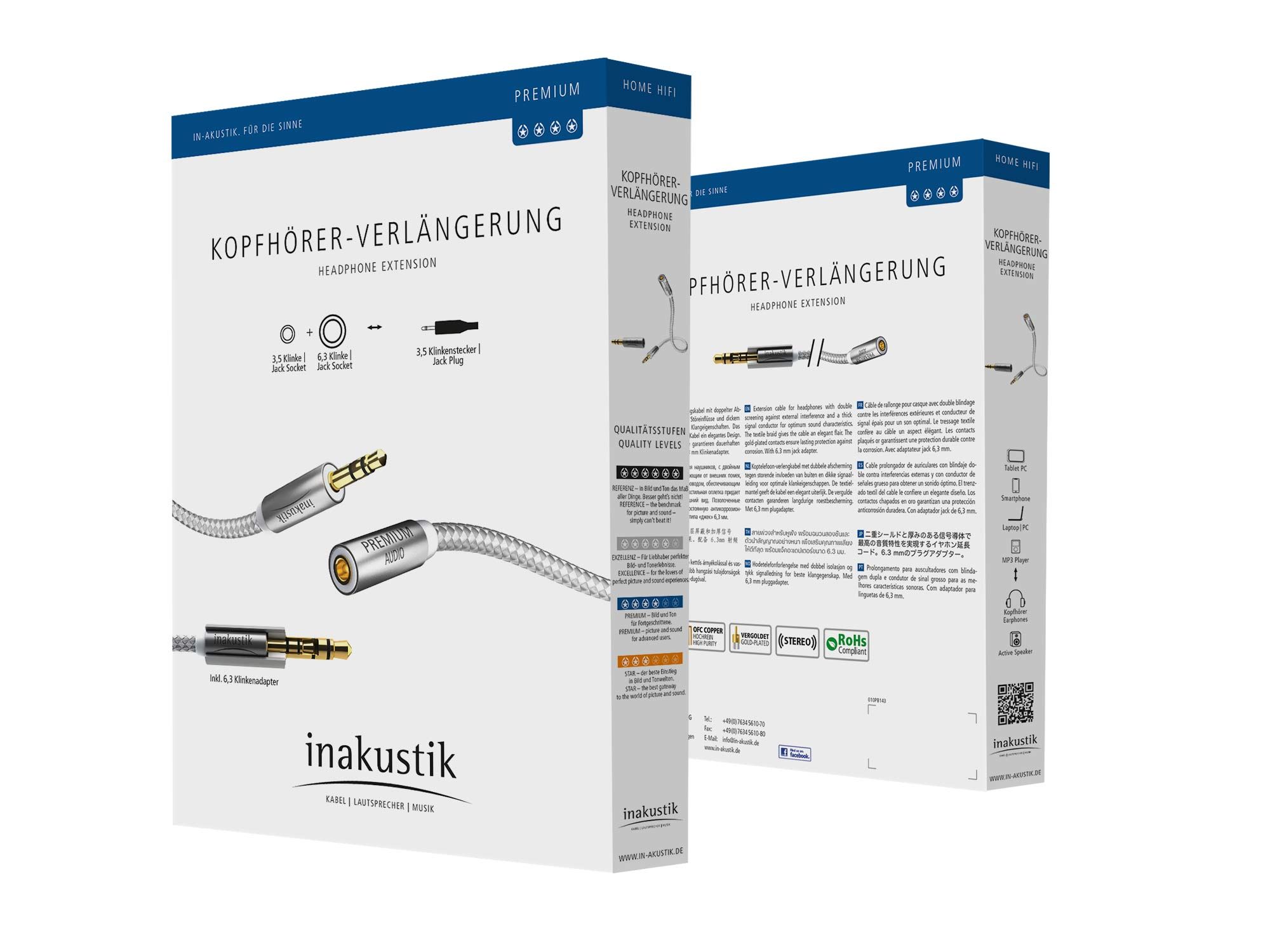 Inakustik Premium Extension Audio Cable 5m 3.5mm jack<>3.5mm jack(F)+6,3 jack adapter кабель межблочный