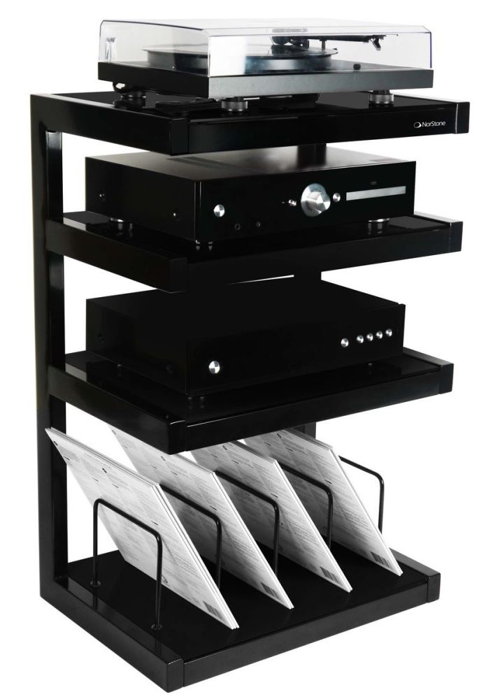 NorStone Esse Hifi VInyl Black стойка под Hi-Fi аппаратуру, черное стекло, черные стойки, ширина 570/510 мм