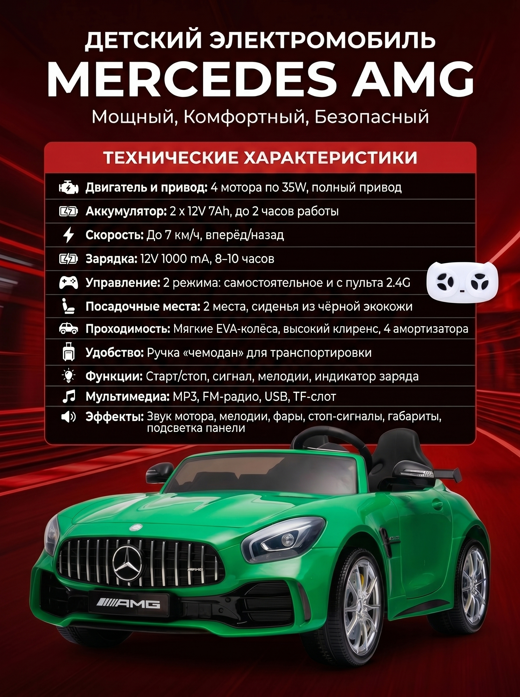 Электромобиль Mercedes-Benz GT R (зеленый, 4WD, 12V) - HL289-GREEN