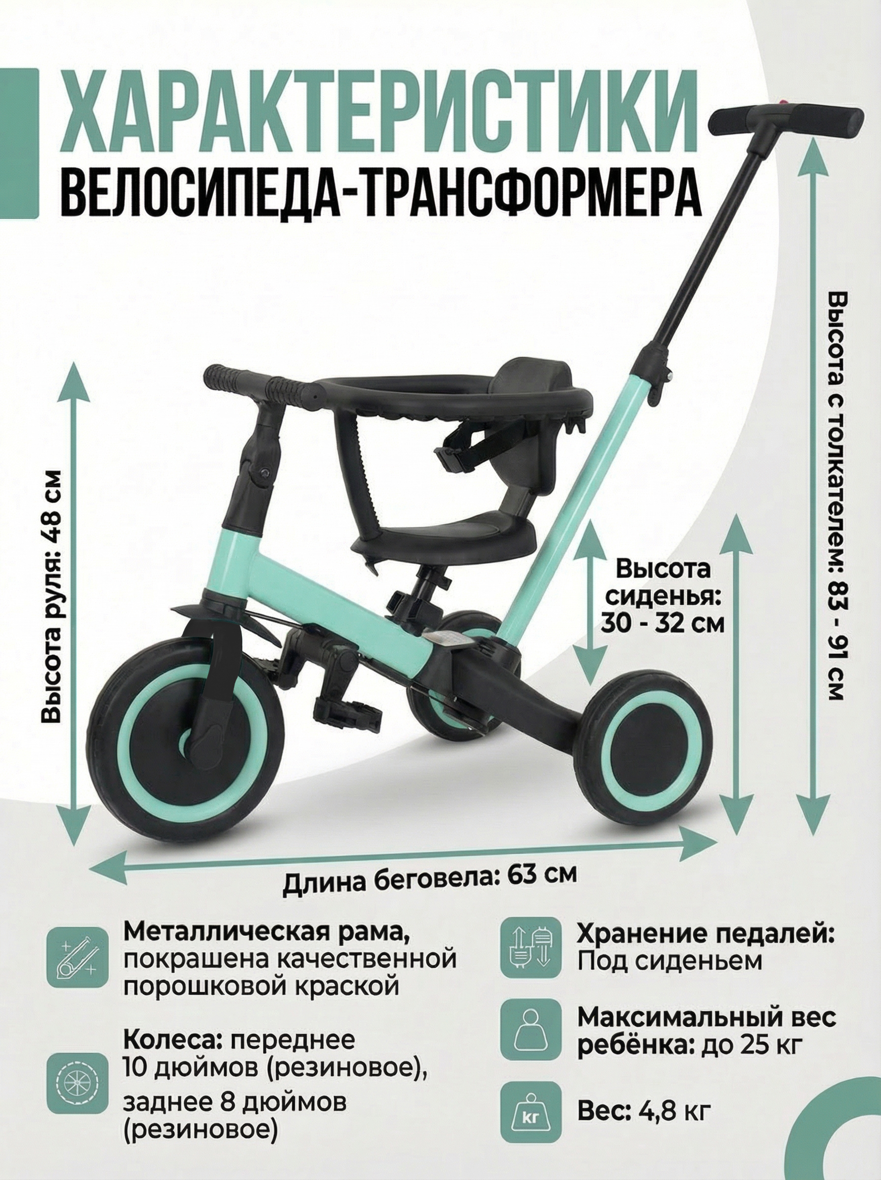 Детский беговел-велосипед 8в1 с крышей и ручкой, зеленый - TR008C-CYAN