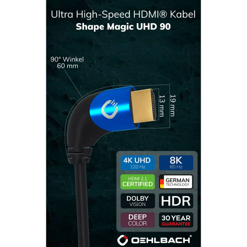 HDMI кабель Oehlbach PERFORMANCE SHAPE MAGIC UHD 90 black UHS HDMI cable 1,5m, D1C42541